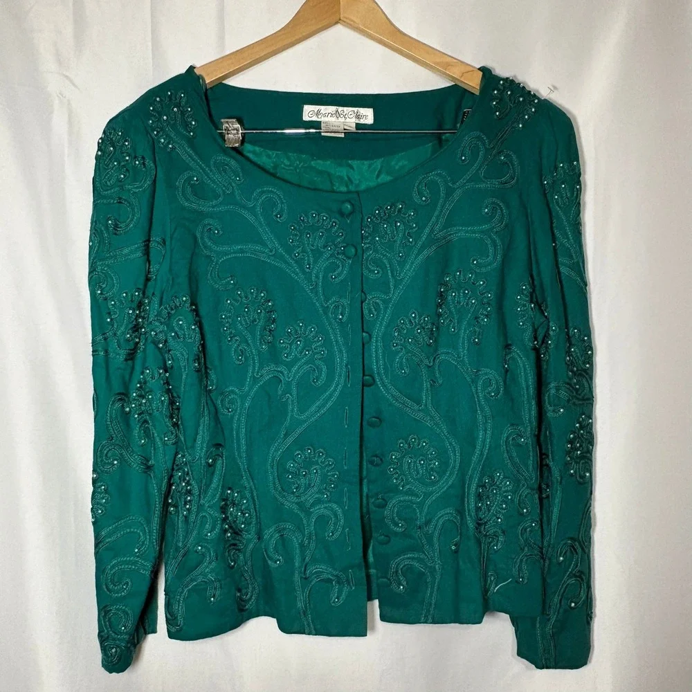 Vintage Marie St Claire Emerald Green Beaded Soutache Evening Jacket Womens 12